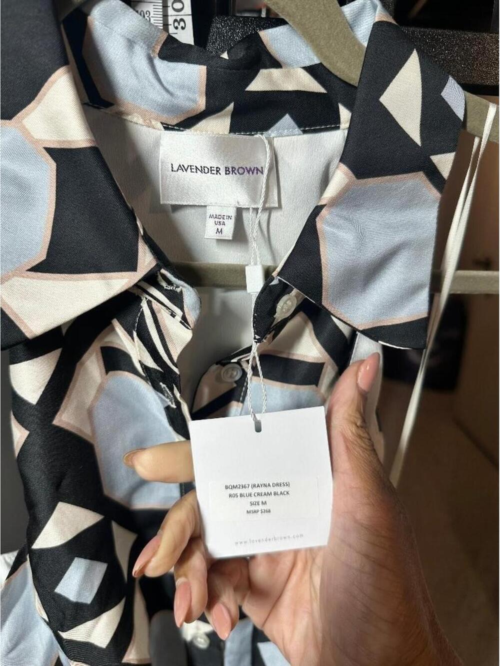 Lavender Brown Rayna Geometric Sleeveless Belted Midi Dress Blue Black Cream M N - Picture 3 of 5